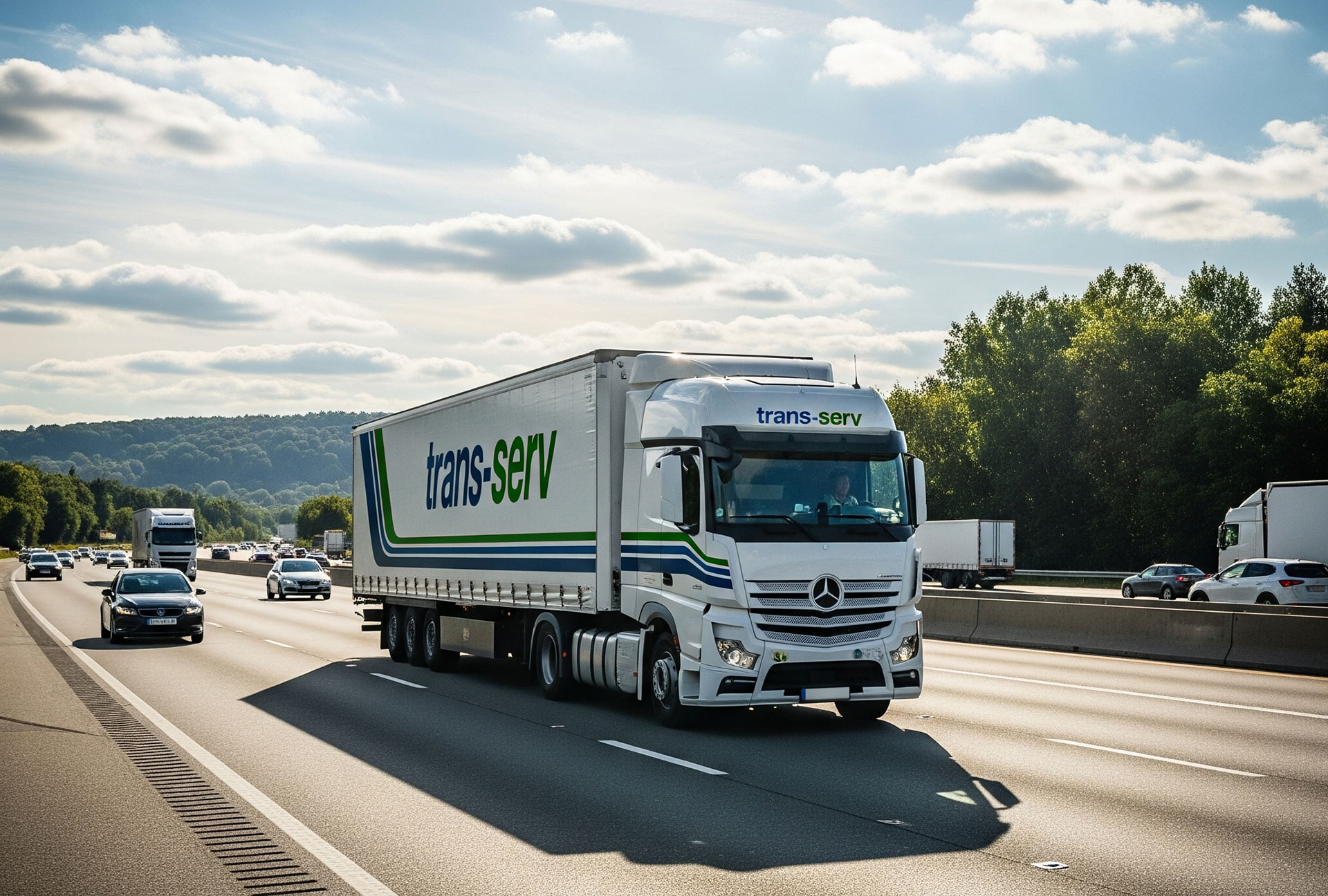 Weißer Lkw mit Trans-Serv Branding fährt auf einer Autobahn