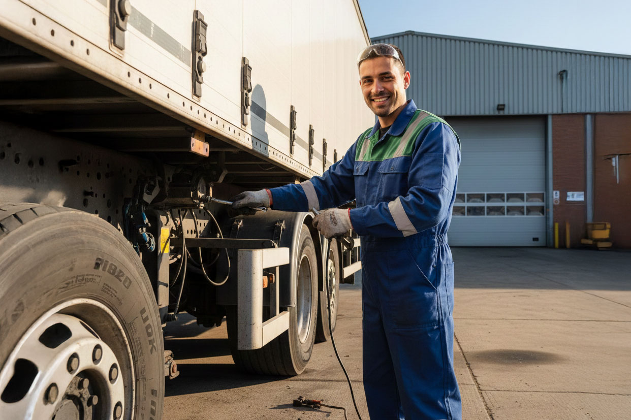 Mechatroniker arbeitet an einem Lkw-Auflieger